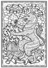 Obraz premium Dog symbol with heraldic decorations, hell gate and vignette ribbons in frame. Fantasy engraved illustration for t-shirt, print, card, tattoo design. Zodiac animals of eastern calendar