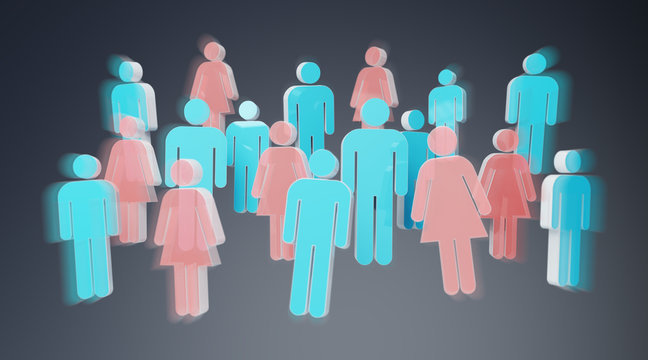 3D rendering group of people with blue man and pink woman