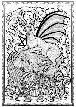Goat symbol with horn of abundance, hell fire and diabolic sign - pentagram in frame. Fantasy engraved illustration for t-shirt, print, card, tattoo design. Zodiac animals of eastern calendar