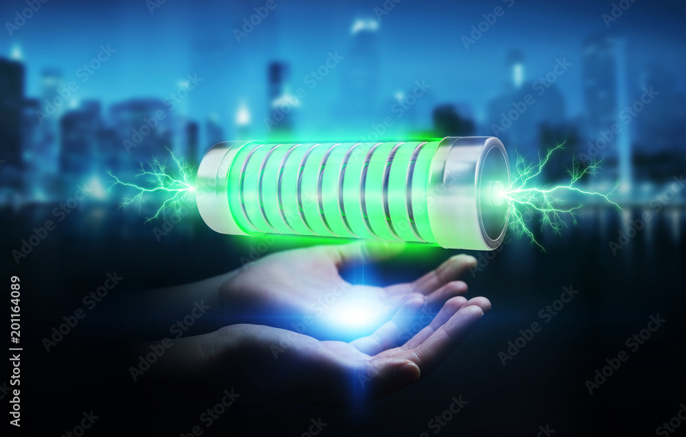 Aufkleber businessman using green battery with lightnings 3d rendering
