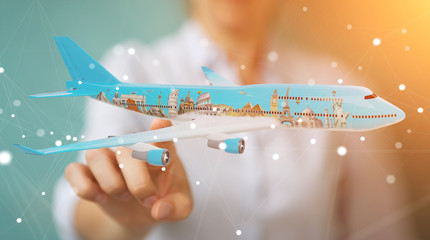 Businessman with plane and famous landmarks of the world 3D rendering