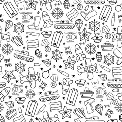Seamless vector pattern of military icons on a white background. Wrapping paper. Great Victory Day - Russian national holiday on 9 May.