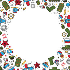 Vector banner template of military icons on a white background. Wrapping paper. Great Victory Day - Russian national holiday on 9 May.