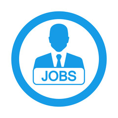 Icono plano hombre de negocios con letrero JOBS en circulo color azul