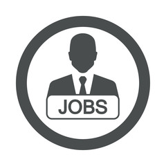 Icono plano hombre de negocios con letrero JOBS en circulo color gris