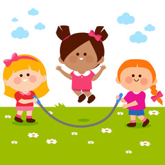 Happy children skipping rope and playing outdoors. Vector illustration