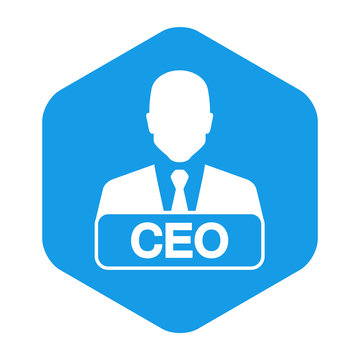 Icono plano hombre de negocios con letrero CEO en hexagono azul