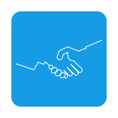 Icono plano manos unidas lineal en cuadrado azul