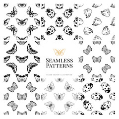 Fototapeta premium Monochrome set vector seamless plant patterns. Endless backgrounds decorative elements. Modern floral texture.