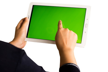 Woman use tablet green screen on white background.