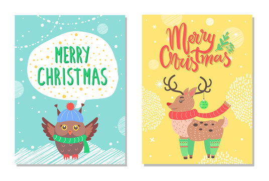 Merry Christmas Greeting Cards with Owl and Deer