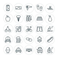 Modern Simple Set of food, hotel, drinks, travel Vector outline Icons. ..Contains such Icons as  snorkel,  can,  design, table,  toast,  egg and more on white background. Fully Editable. Pixel Perfect