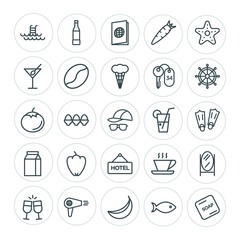 Modern Simple Set of food, hotel, drinks, travel Vector outline Icons. ..Contains such Icons as banana, water,  drink,  summer,  soap,  cup and more on white background. Fully Editable. Pixel Perfect