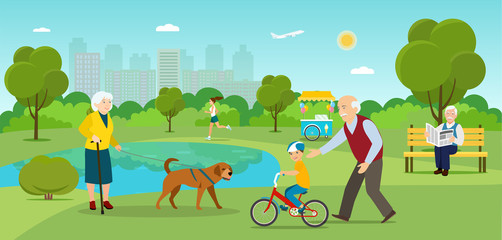 Grandmother is walking with a dog. Grandfather sitting on the bench Young woman running  and grandfather teaches grandchildren to ride a bicycle in the park. Vector flat illustration.