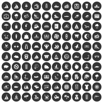 100 water sport icons set in simple style white on black circle color isolated on white background vector illustration