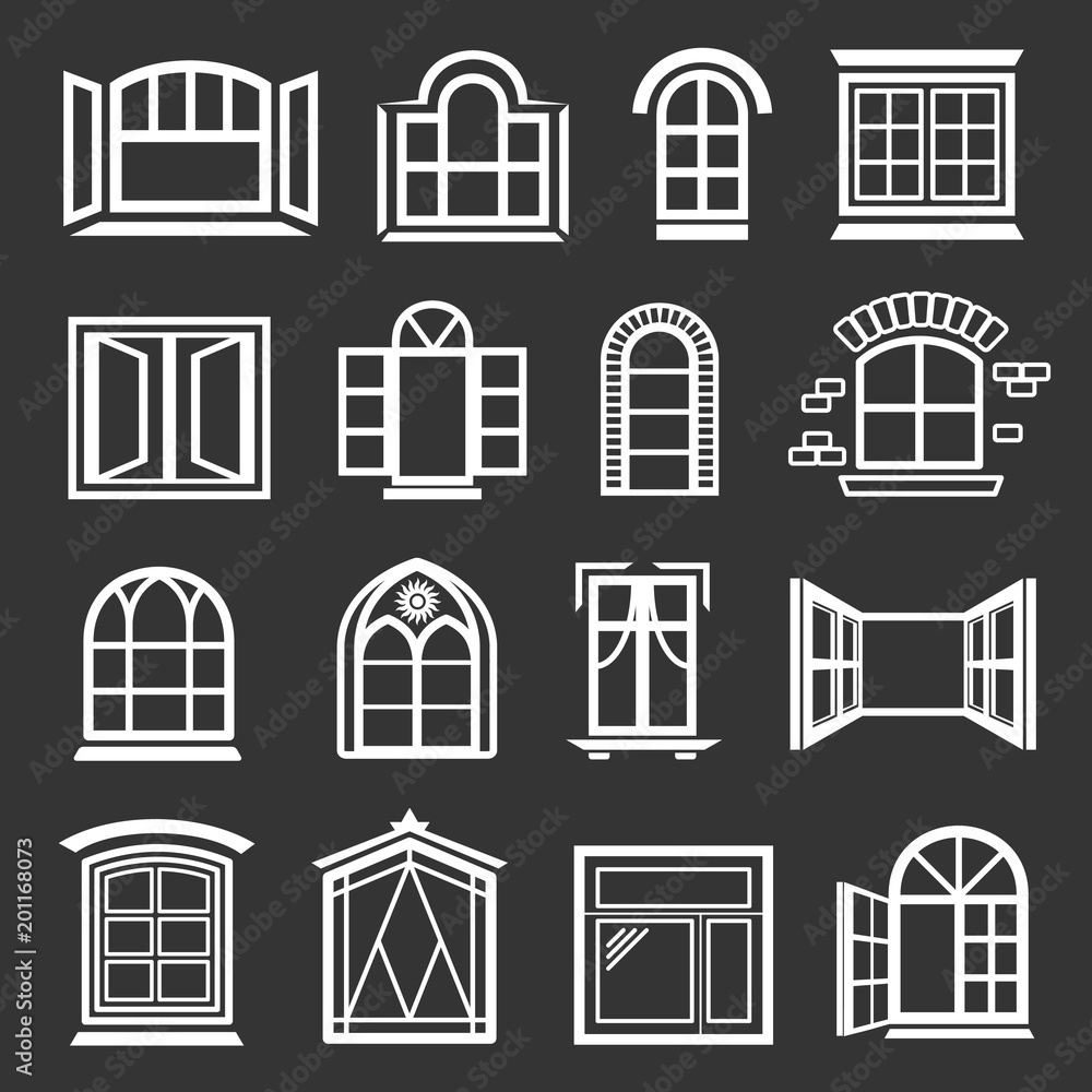 Poster window design icons set vector white isolated on grey background