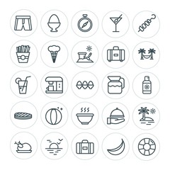 Fototapeta premium Modern Simple Set of food, hotel, drinks, travel Vector outline Icons. ..Contains such Icons as sunrise, egg, banana, beach, dinner and more on white background. Fully Editable. Pixel Perfect