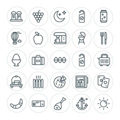 Modern Simple Set of food, hotel, drinks, travel Vector outline Icons. ..Contains such Icons as  grape,  illustration, fridge,  luggage, sun and more on white background. Fully Editable. Pixel Perfect