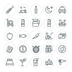 Modern Simple Set of food, hotel, drinks, travel Vector outline Icons. ..Contains such Icons as  drink,  park,  blow, moon,  barbecue, meat and more on white background. Fully Editable. Pixel Perfect