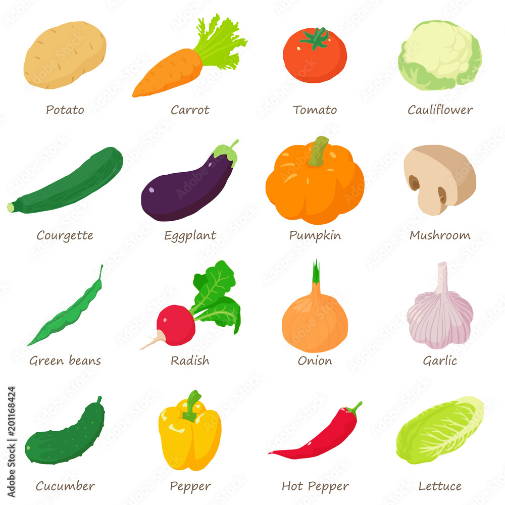 Poster vegetables signed names icons set. isometric illustration of 16 vegetables signed names vector icons