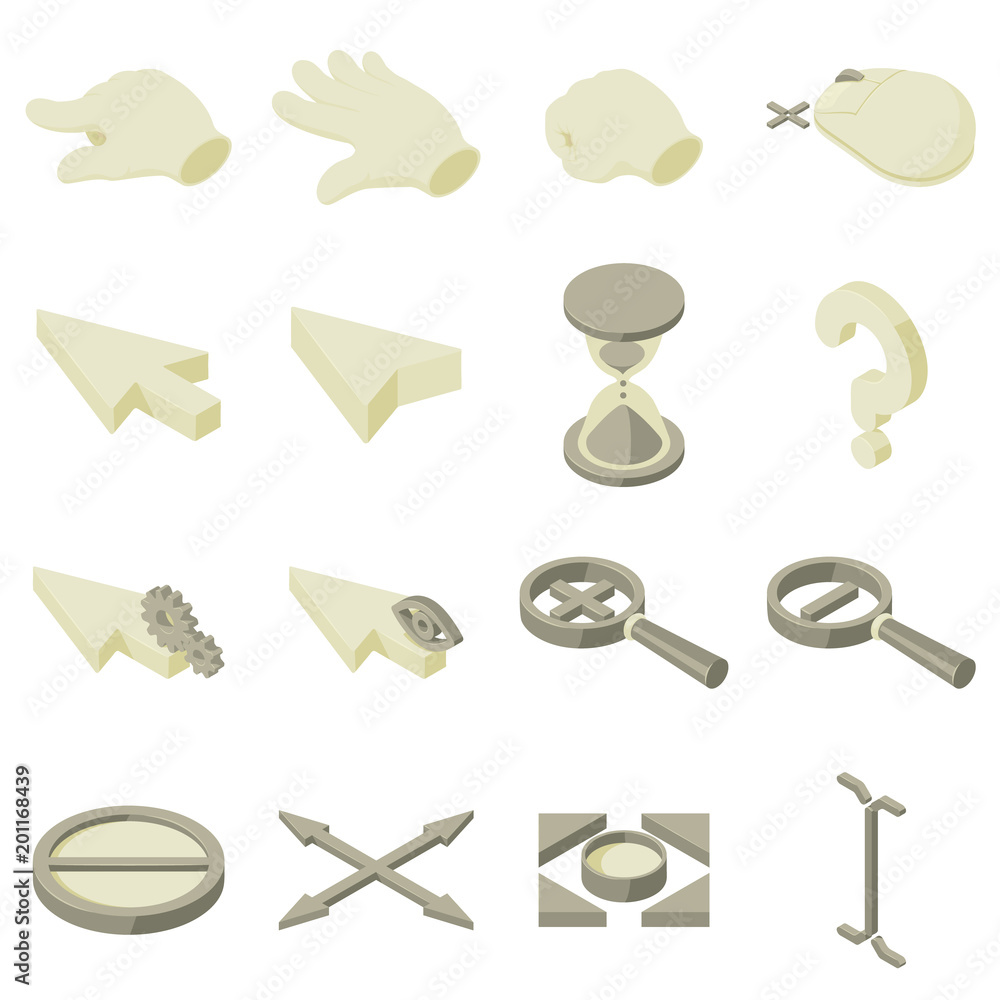 Poster cursor arrow hand icons set. isometric illustration of 16 cursor arrow hand vector icons for web