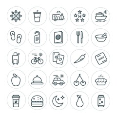 Modern Simple Set of food, hotel, drinks, travel Vector outline Icons. ..Contains such Icons as  fruit,  hamburger,  cup, trailer,  drink and more on white background. Fully Editable. Pixel Perfect