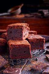 Homemade brownies from dark chocolate, selective focus