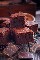 Homemade brownies from dark chocolate, selective focus