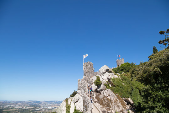 August 2, 2017: View of part of the wall of the Moorish Castle, Sintra, Lisbon area, Portugal