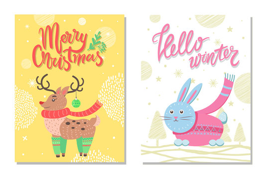Hello Winter Postcard with Rabbit and Reindeer