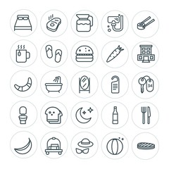 Modern Simple Set of food, hotel, drinks, travel Vector outline Icons. ..Contains such Icons as  plastic,  furniture,  yellow,  steak,  play and more on white background. Fully Editable. Pixel Perfect