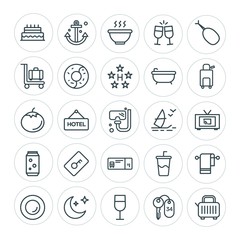 Modern Simple Set of food, hotel, drinks, travel Vector outline Icons. ..Contains such Icons as  city,  food,  key,  glass,  room,  travel and more on white background. Fully Editable. Pixel Perfect