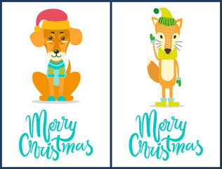 Merry Christmas Dog and Fox Vector Illustration