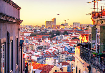 Beautiful cityscape, view of Lisbon, the capital of Portugal at sunset. Night lights of the city