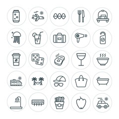 Modern Simple Set of food, hotel, drinks, travel Vector outline Icons. ..Contains such Icons as bathroom, beverage,  vacation,  snack,  spa and more on white background. Fully Editable. Pixel Perfect