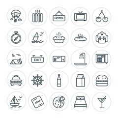 Modern Simple Set of food, hotel, drinks, travel Vector outline Icons. ..Contains such Icons as room, food,  bed,  sea,  energy,  furniture and more on white background. Fully Editable. Pixel Perfect