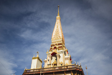 Fototapeta premium The details of Pagoda of Wat Chalong (or formally Wat Chaiyathararam) - the most important of the 29 buddhist temples of Phuket, located in the Chalong Subdistrict, Mueang Phuket District, Thailand