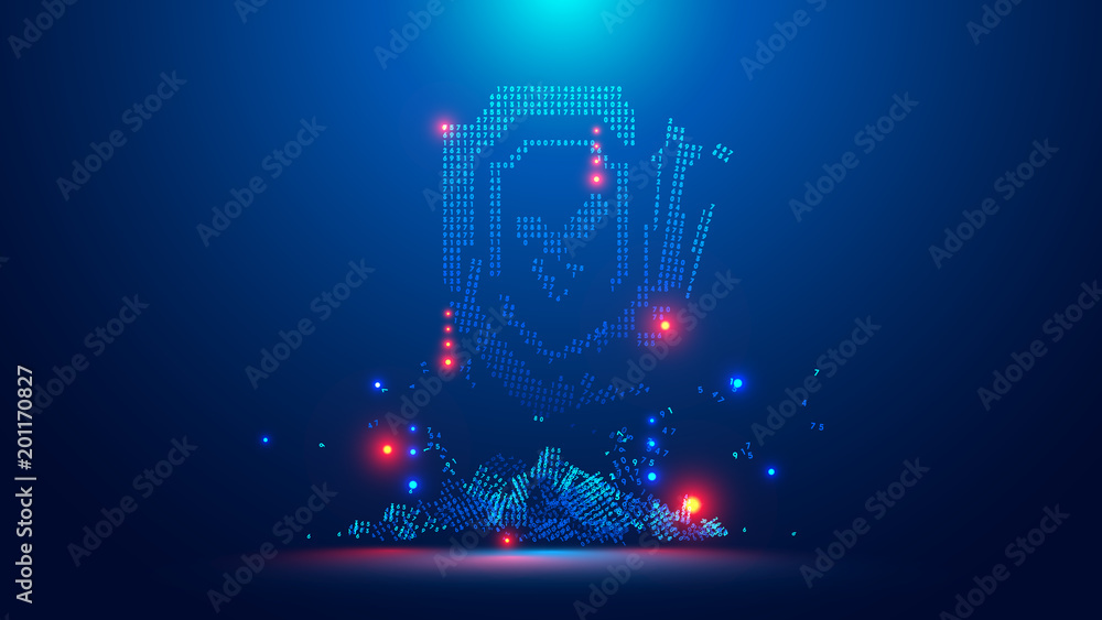 Poster Icon of the digital shield broken. Symbol digital cyber security crack hacking. Web crime or virus attack. Symbol of protection damaged. Hacking concept.