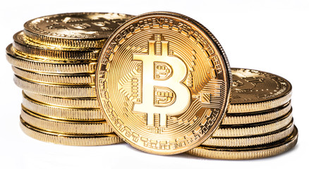 Shiny physical bitcoins isolated on white background. Blockchain technology.