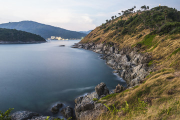 Evening view with long exposure of Phromthep Cape landscape in Phuket, Thailand