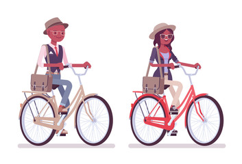 Black intelligent smart casual man and attractive woman riding bike