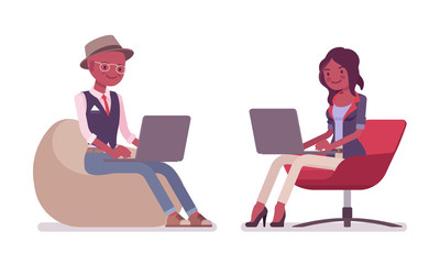 Black intelligent smart casual man, attractive woman working with laptop