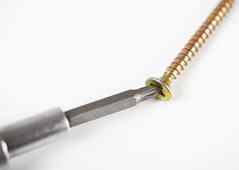 Close-up of screwdriver with screw on white background. Isolated. Industry.