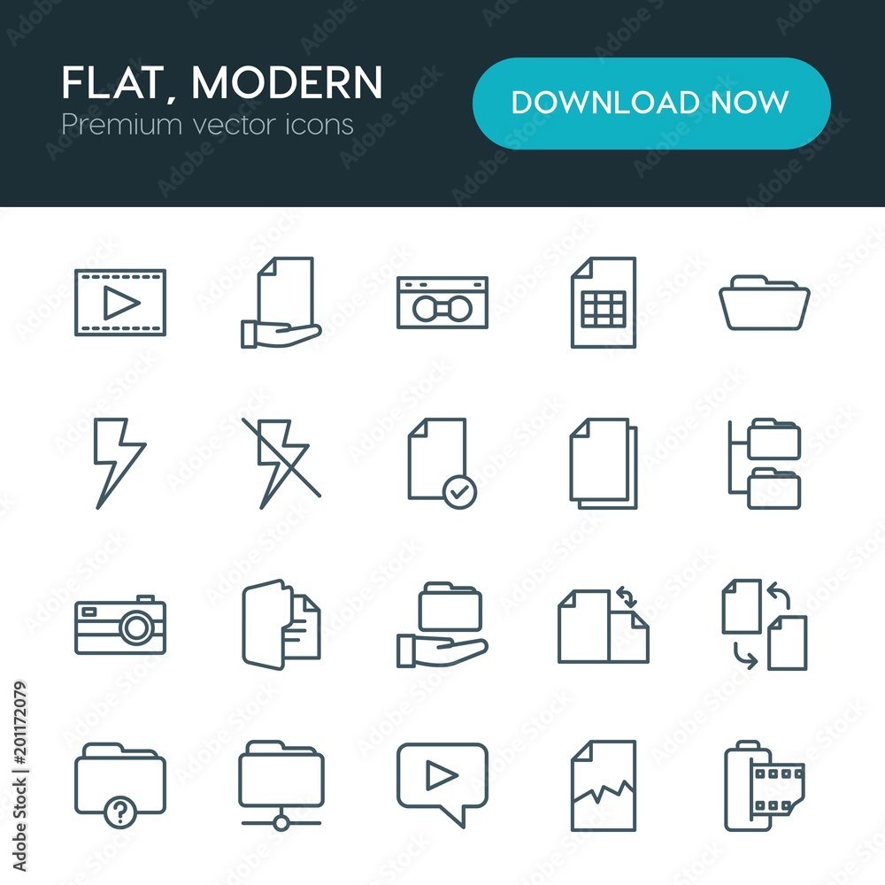 Poster modern simple set of folder, video, photos, files vector outline icons. ..contains such icons as cha