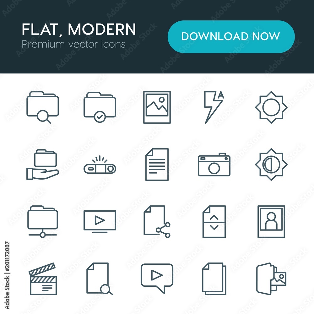 Poster modern simple set of folder, video, photos, files vector outline icons. ..contains such icons as cam