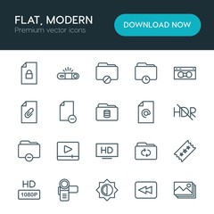 Modern Simple Set of folder, video, photos, files Vector outline Icons. ..Contains such Icons as  work,  data,  technology,  fashion, folder and more on white background. Fully Editable. Pixel Perfect