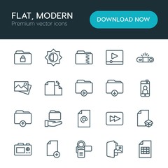 Modern Simple Set of folder, video, photos, files Vector outline Icons. ..Contains such Icons as  file,  fashion,  bright,  flash,  dslr and more on white background. Fully Editable. Pixel Perfect