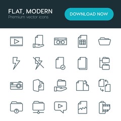 Modern Simple Set of folder, video, photos, files Vector outline Icons. ..Contains such Icons as change, sheet, broken,  icon,  old,  file and more on white background. Fully Editable. Pixel Perfect