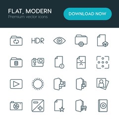 Modern Simple Set of folder, video, photos, files Vector outline Icons. ..Contains such Icons as  star,  summer,  white,  icon,  concept and more on white background. Fully Editable. Pixel Perfect