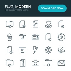 Modern Simple Set of folder, video, photos, files Vector outline Icons. ..Contains such Icons as  new,  folder,  photography,  icon, play and more on white background. Fully Editable. Pixel Perfect
